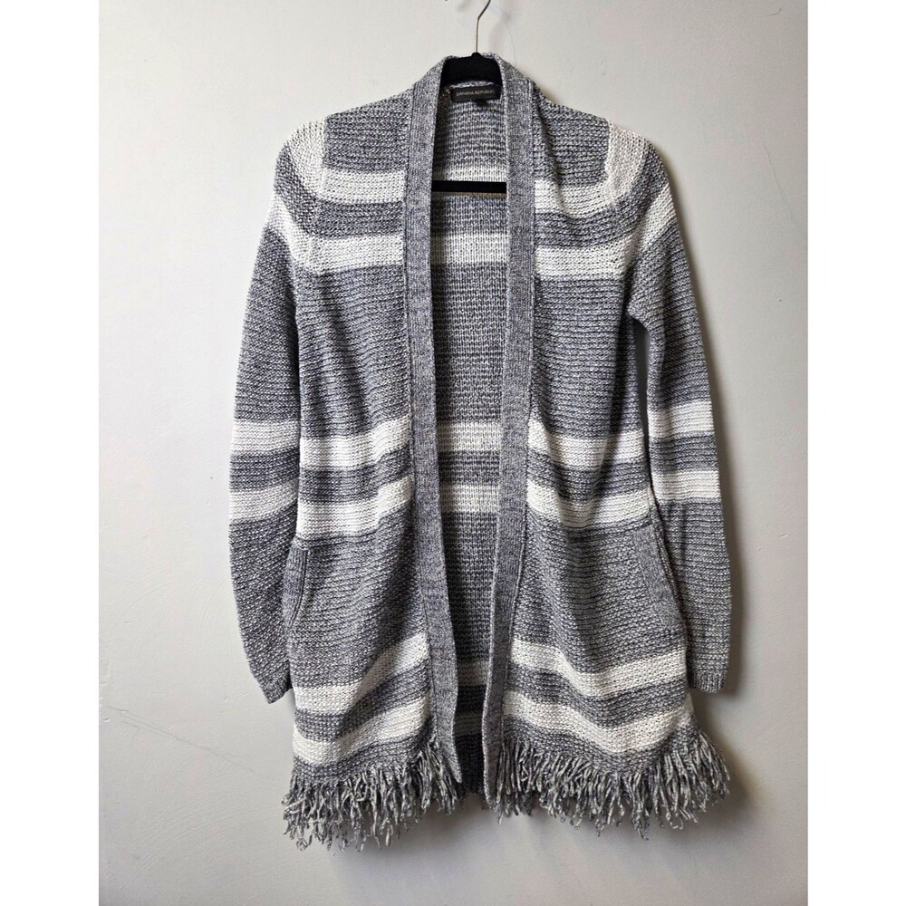 Banana Republic Gray White Striped Open Front Fringe Cardigan S